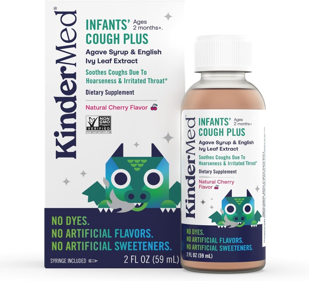 KinderMed Infants 'Daytime Cough Plus, Organic Agave Syrup and English Ivy Leaf Extract, No Bares, No Umělé Flavors or Sweeteners, Non- GMO, pro děti 2 měsíce +, Natural Cherry Flavor (2 Fl Oz)