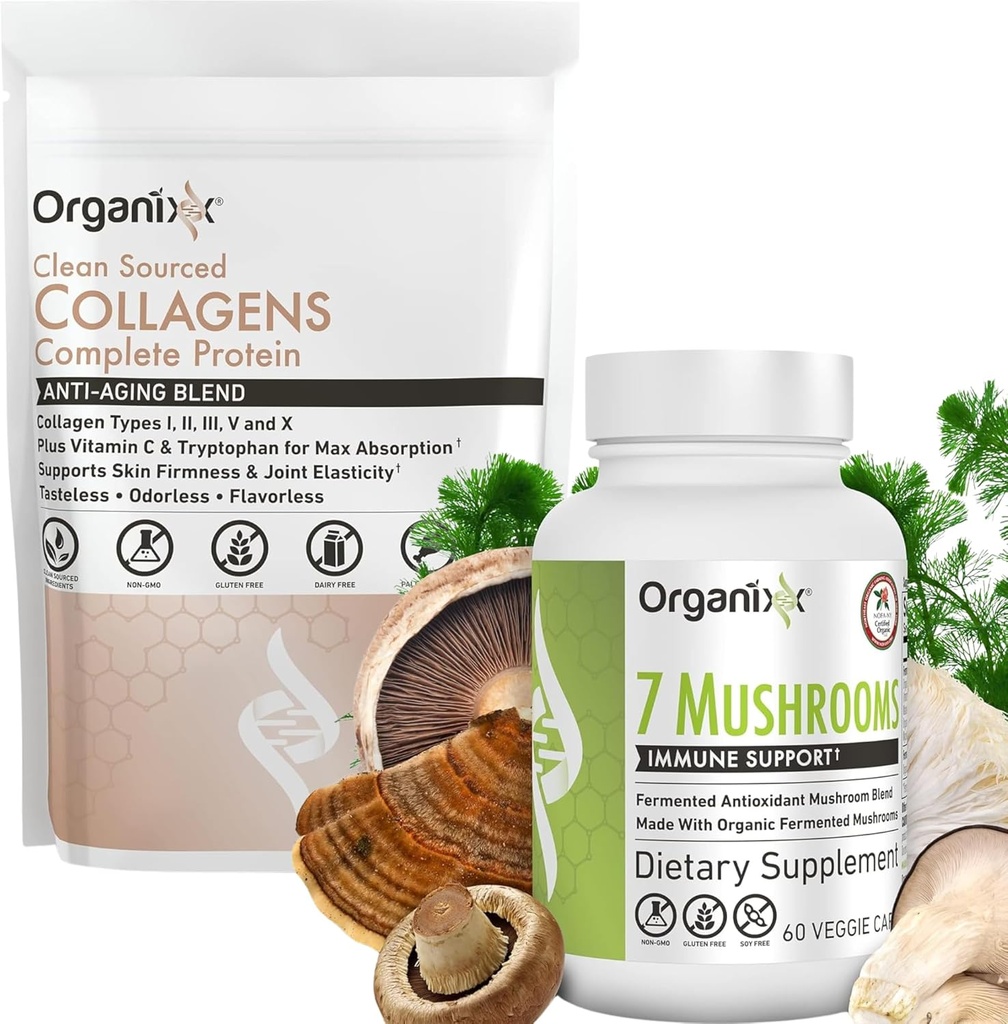 Organixx Clean Sourced Collagen Powder, Neochucený, 20 Servings & Organic Houbový dodatek (60 Vegetarian Capsule)