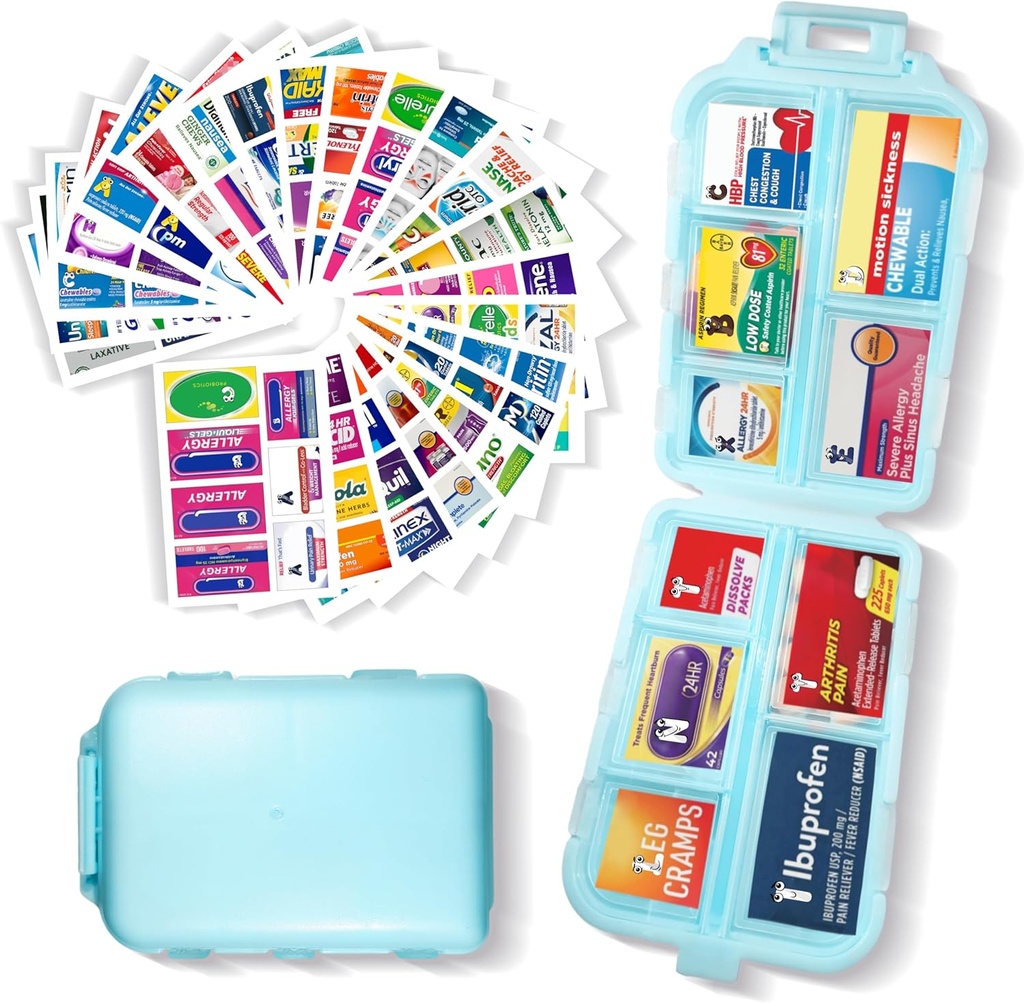 Pořadatel pilulek s etiketami Medicine 161 Štítky Cestování Denní Pill Kontejner Mini Medikace Pořadatel Storage Pill Pořadatel Travel Essentials Pill Pouzdro 7 Den (modrá, 1 balení)
