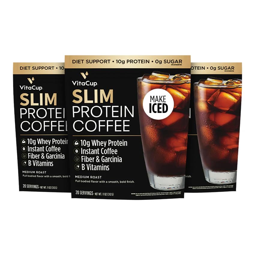 VitaCup Slim Protein Coffee Shake for Diet Support, Instant Coffee w / Syrovátka Protein Powder, B Vitamins & Fiber, Dietický vyvinutý pro výkon a chuť, Make jako ledové nebo Shake, 3 tašky