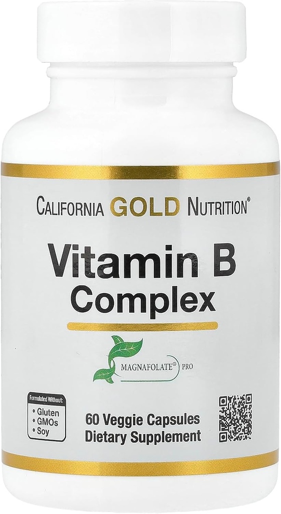 California Gold Nutrition Vitamin B Complex, Thiamin B1, Riboflavin B2, Niacin B3, Pyridoxin B6, Biotin B7, Pantotenová kyselina B5 a Pro Folát B9, Gluten Free, Non GMO, 60 Veggie Kapsle