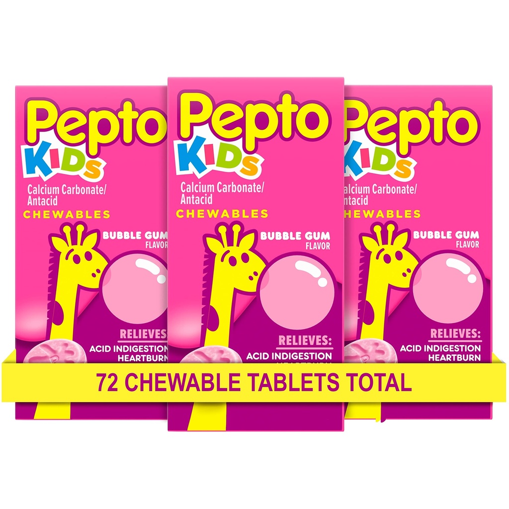 Pepto Kid 's Chewable Tablet for Heartburn, acid Indigestion, Sour Stomach, and Upset Stomach, Bubblegum Flavor, 72 Celkem (3 balení po 24)