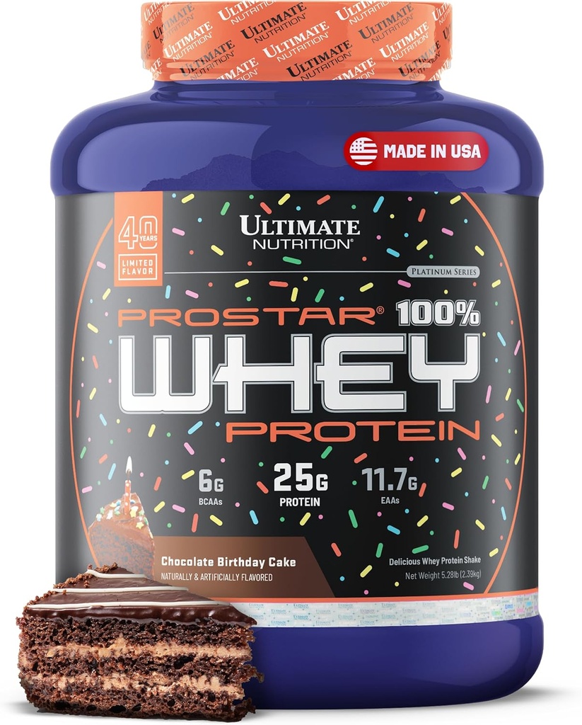 Ultimate Nutrition Prostar Syrovátkový prášek izolát, čokoládový narozeninový dort - Nízké sacharidy, High Protein prášek Shake for Muscle Gain & Recovery - Nízké množství sodíku, Low- Fat & Keto Friendly - 5.28 liber Tub