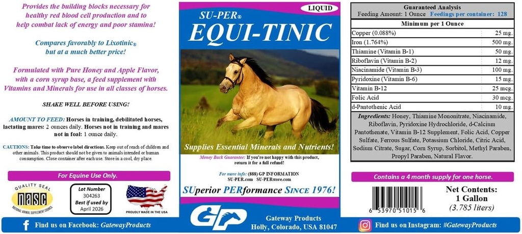SU-PER Equi-Tinic Horse Minerály Dodatek - Základní minerály a živiny pro zdravé krevní buňky & Energie - 1 Gallon