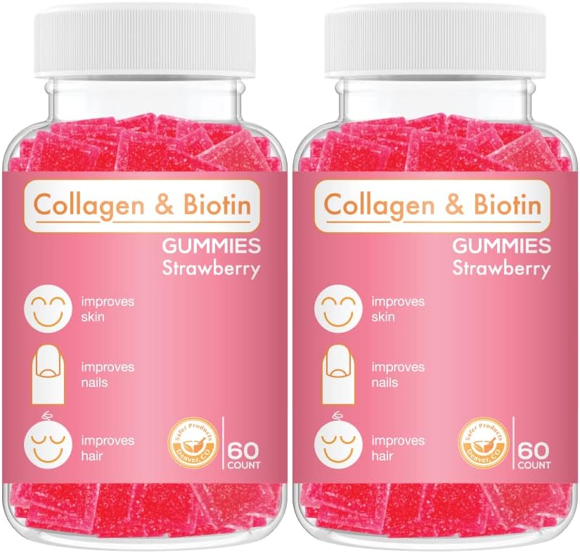 Kolagen Biotin Gummies - Podporuje vlasy, kůže a nehty růst vlasů proti stárnutí péče Žvýkačky Vitamíny, Vegan, Non- GMO, Gluten Free, Želatina Jahodová Flavor 120 Počet, Pink