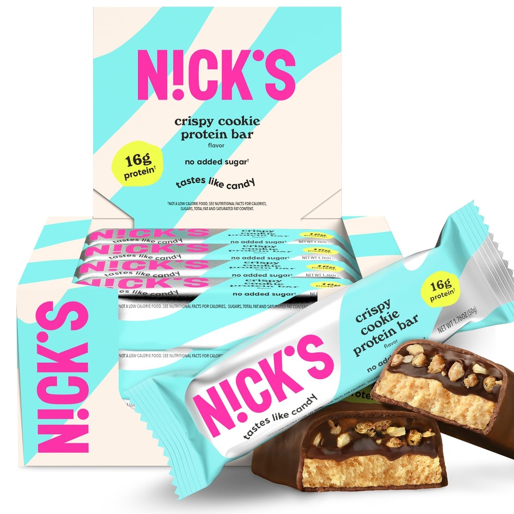 Nick 's Protein Bary Crispy Cookie Chocolate, High Protein, Low Calories, Low Carb, Keto Friendly Snacks No Add Sugar (Multipack 12 bars x 50g), Crispy Cookie příchuť