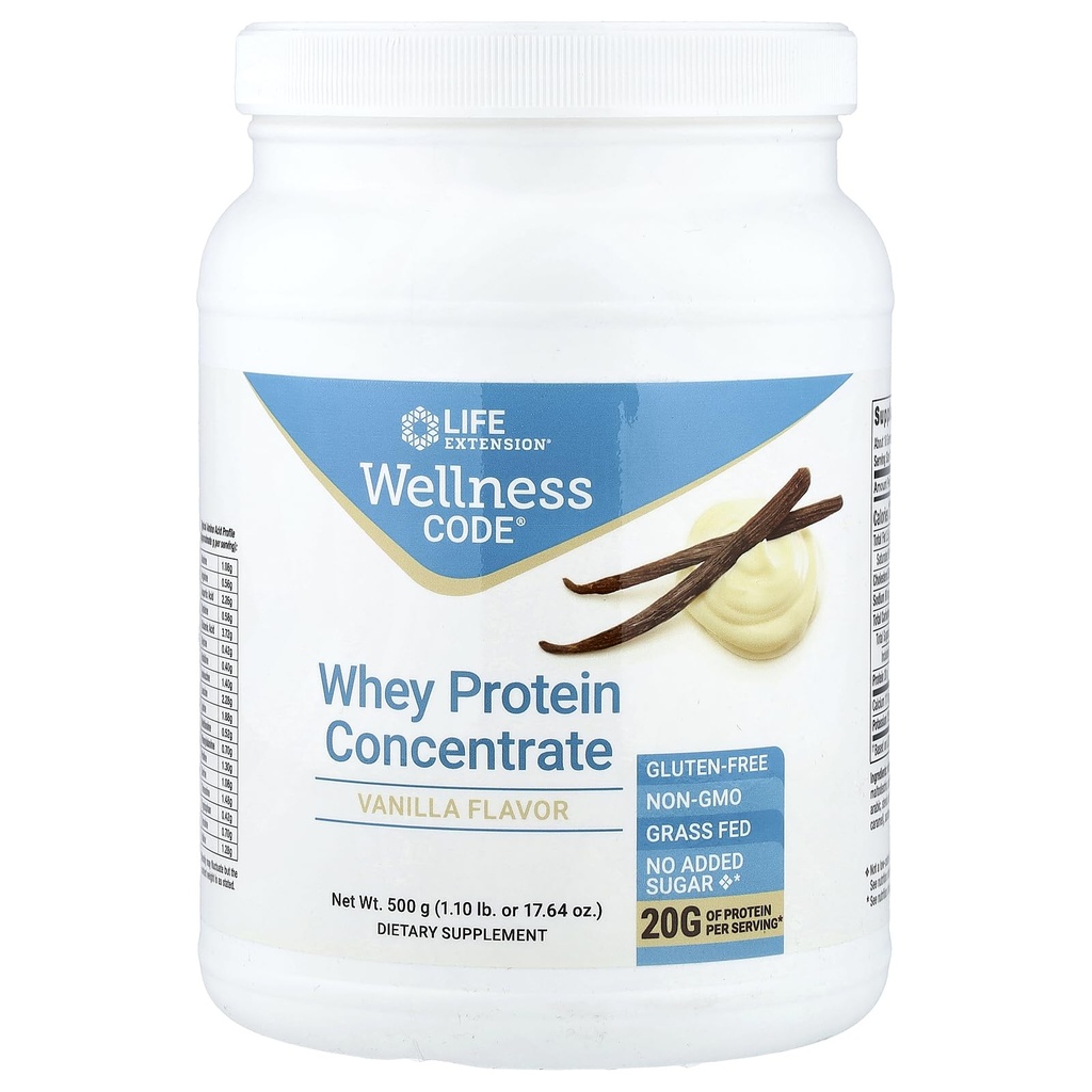 Life Extension Wellness Code Syrovátkový protein koncentrát 20g Muscle Growth & Imunitary Health - Sourced From Grass- Fed, Free- range, Hormone- Free Cows, Non- GMO, No Add Sugar, Vanilla - 500g