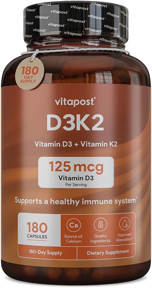 D3K2: 124; D3 K2 Kombinuje vitamin K a vitamín D s vápníkem a bioperínem. D3 a K2 doplňky Zdravé kosti, srdce a svalstvo 124; 180 Kapsle