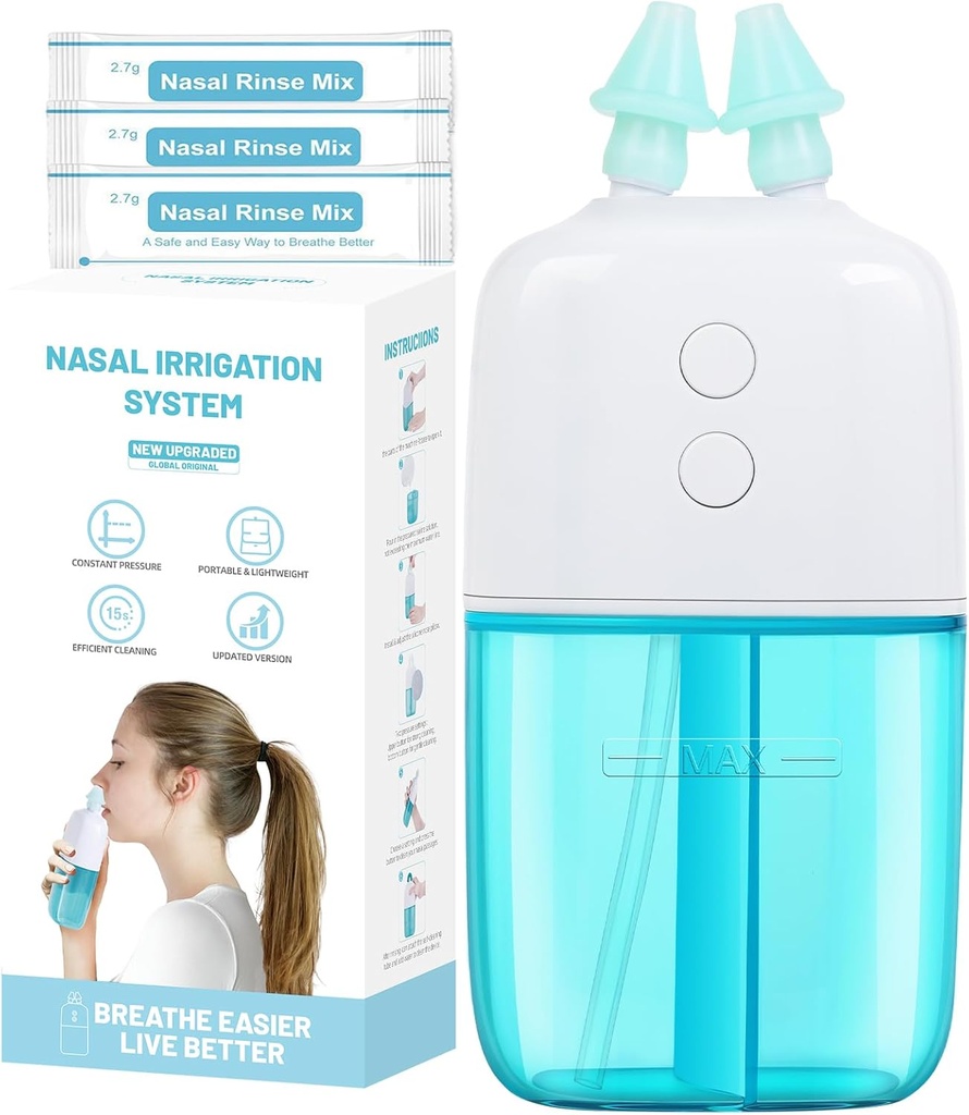 Nasal zavlažovací systém s 30 Saline Packets - Dual Speed and Auto Waste Collection - Přenosný a cestovatelný Nasal zavlažovač - Nasal čistič pro Sinus Relief Nasal Rinse Machine