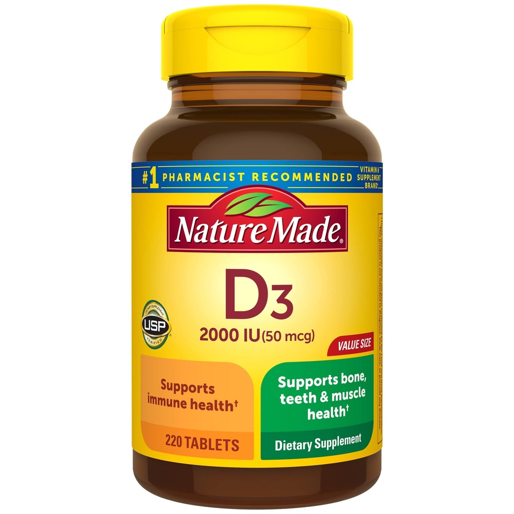 Nature Made Vitamin D3 2000 IU (50 mcg), Vitamin D dodatek pro kosti, zuby, svalové a imunitní zdravotní podpora, 220 Tablety, 220 Day Supply