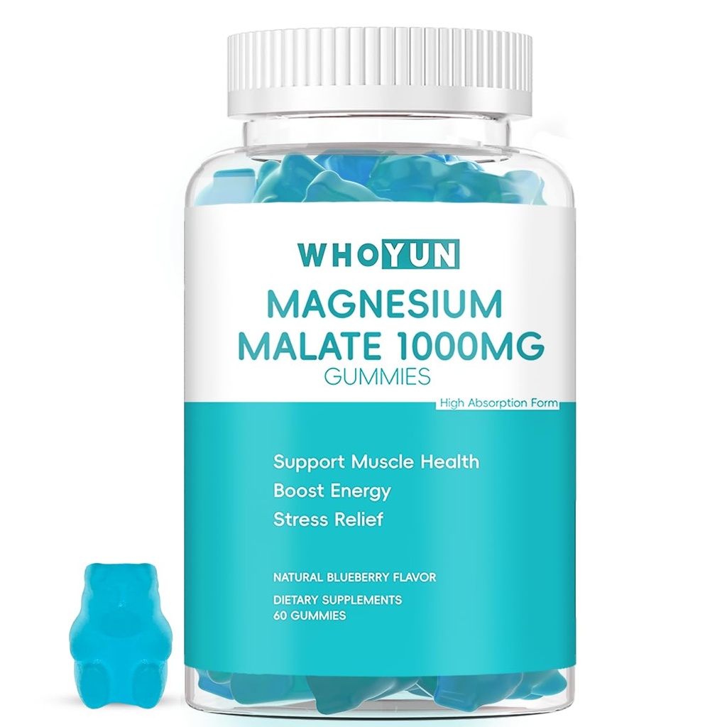 Magnesium Malate Gummies 1000mg, Enhanced Absorption Magnesium Chewables Dodatek s Malic acid for Energy Boost & Muscle Health, 60 Počet