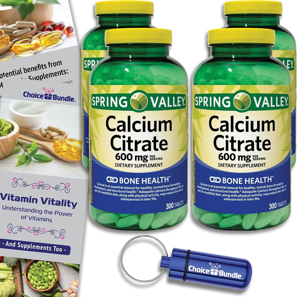 Jarní údolí vápníku Citrát Tablety Dietní dodatek 600 mg 300 Ct 4 pk Choice Bundle (1200 Celkem) + vitamin průvodce & Pill kontejner (6 položek)!