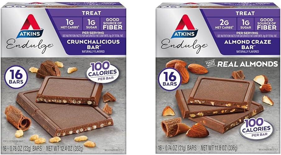 Atkins Endulge Treat Bary, Crunchalicious & Almond Craze Flavors, 1-2g Čisté sacharidy, 1g Cukr, Dobrý zdroj Vlákna, Keto Friendly, 16 Počet