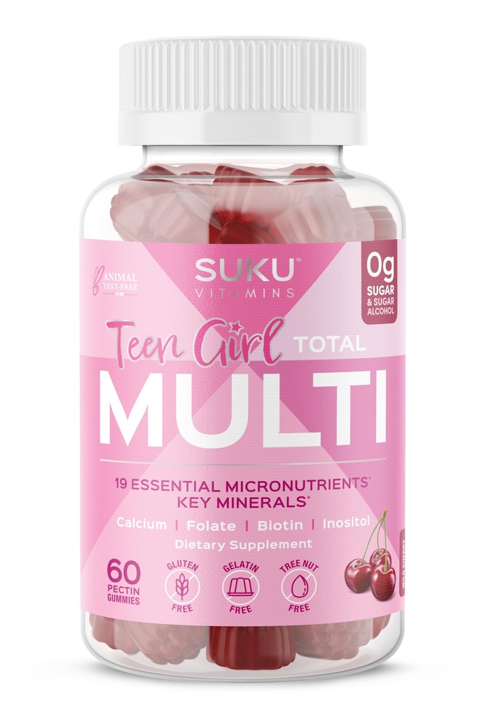 Suku dospívající dívka Multivitamin Gummies - Vitamíny A, B12, C, D3, E, Biotin & Zinek - Sugar- Volný vegetariánský dodatek pro pleť, energie, imunitní a kostní zdraví - Cherry Flavor - 60 Počet