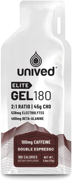 Unived Elite Gel 180-2: 1 Poměr jednoduchých a komplexních sacharidů s Beta Alanine & Essential Electrolytes - pro Endurance Sportes Runners & Cyclists -180kcal - Double Espresso - 100mg Caffeine - Balení 6