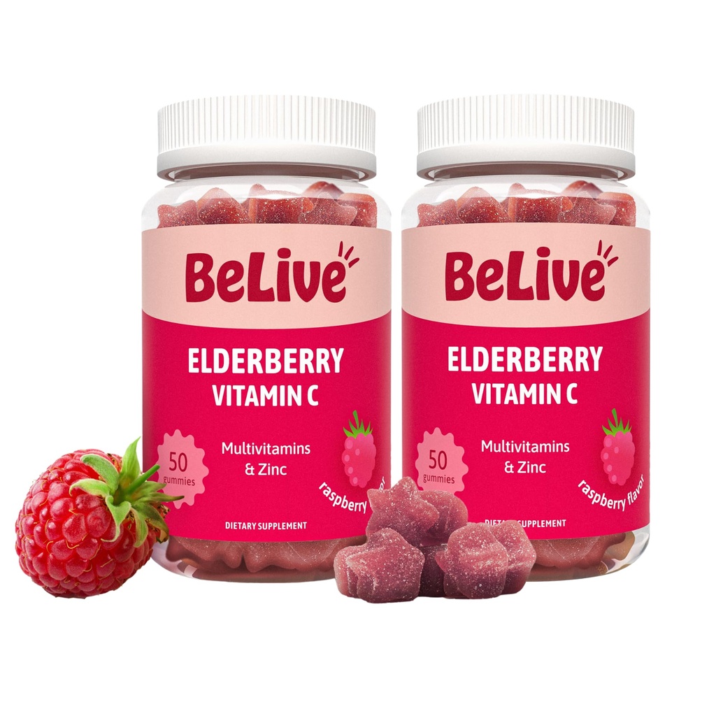 BeLive Elderberry Gummies s zinem a vitamínem C - Imunitní Supplement s vitaminem D, A, E, B12 - Gummies pro zdravé kosti a zuby, Vegan, Keto & Non- GMO - Raspberry Flavor 124; 2-Pack