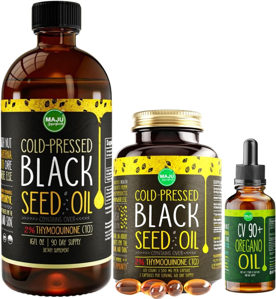 Maju Superfoods Velké černé semeno olej a oregano Bundle