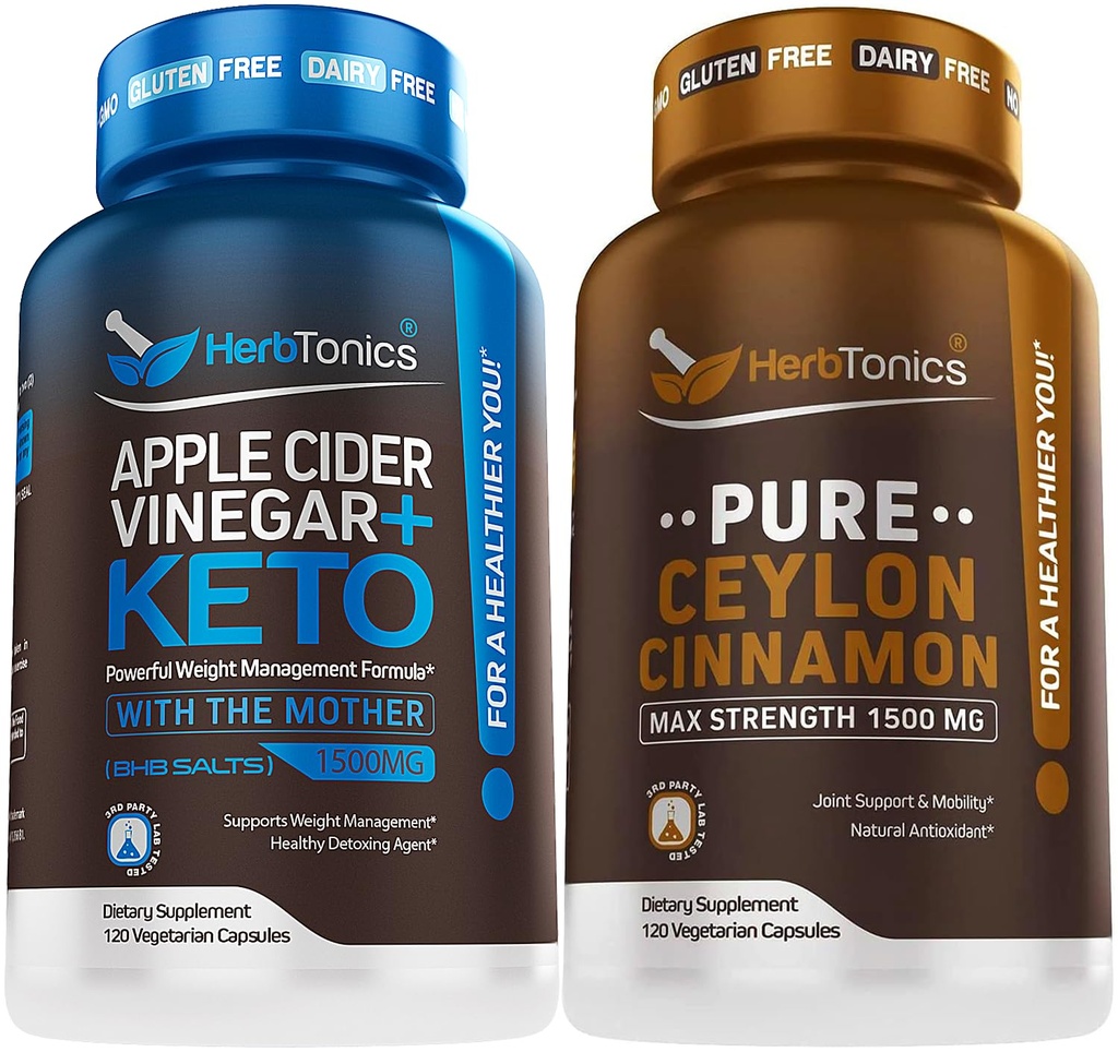 Herbtonika Apple Cider Ocet Kapsle Plus Keto BHB 124; Tuk Burner & Weight Loss Dodatek pro ženy a muže - Premium Ceylon Skořice Kapsle - Efektivní Skořice pilulky pro vylepšené Well- Being
