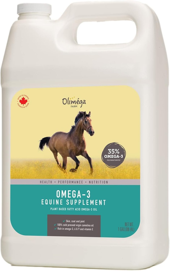 Camelina Oil for Horses, 1 Gallon od Olimega Farm CLANE124; High in Omega33 & Vitamin E CLANE124; Podpora pro zdravé klouby, Coat & Skin CLANE124; Pure & Cold Pressed CLANE124; Společný dodatek CLANE124; Made in Canada CLANE124; Non-GMO