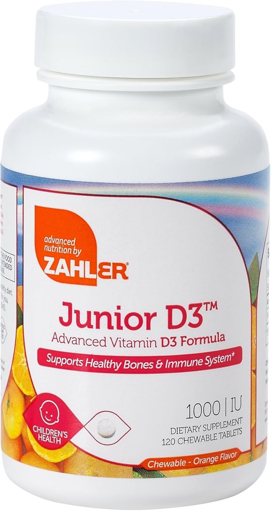 Zahler Junior D3 Žvýkací 1000IU, Děti Vitamin D, Velký Ochutnávání Žvýkací Vitamin D pro děti, Optimální Vitamin D3 1000 IU pro děti, Certified Kosher, 240 Žvýkací tablety