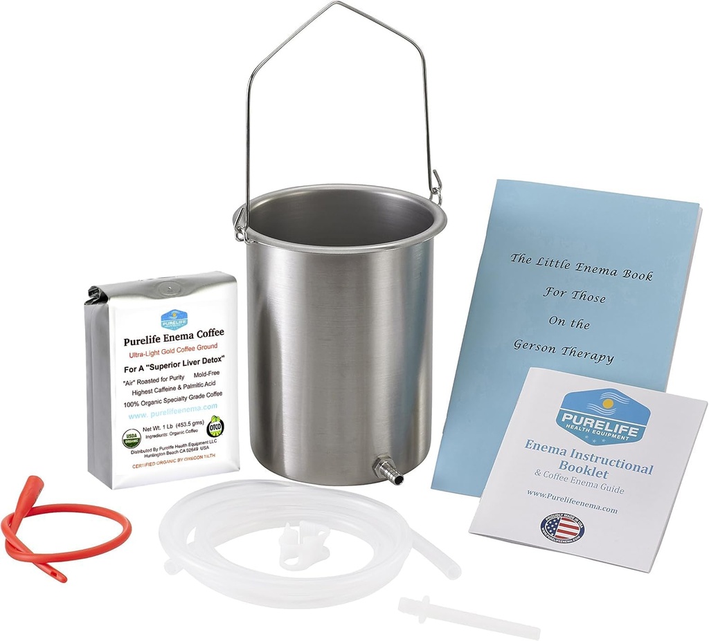 Purelife Detox Coffee Enema Kit - Made in USA - 2 Qt / Superior Non Toxic Made in USA Quality / 1 LB Purelife Ultra Light Gold Enema Coffee - Laboratoř Testována bez mykotoxinů - Silikonové Tubing