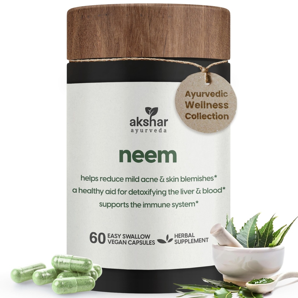 AKSHAR Ayurveda - Neem Kapsle s Neem Extract a Neem Leaf Powder - Bylinný Neem dodatek k podpoře čisté kůže zdraví a detox - Vegan Cruelty-Free Neem Leaf Kapsle (60 Počet)