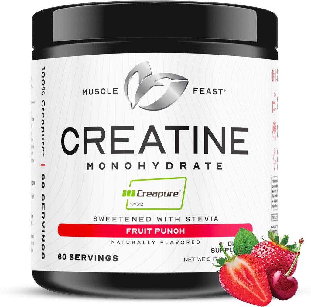 Svalová hostina Creapure Creatine Monohydrát Powder, Vegan Keto Friendly gluten- Free Easy to Mix, Muscle Recovery dodatek, Creatine pro růst svalů, ochucená kreatin, přírodní ovoce punč 300g