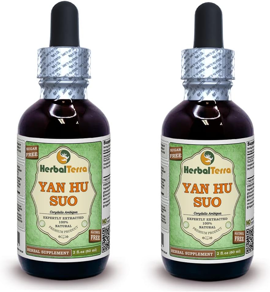 Yan Hu SUO (Corydalis Ambigua) Glycerite, Sušené Roots Alcohol- Free Liquid Extract (Značka: HerbalTerra, Proudly Made in USA) 2x2 fl.oz (2x60 ml)