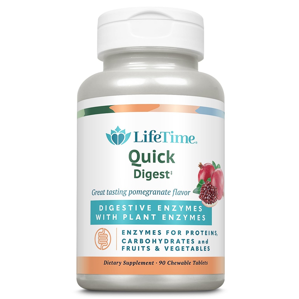 LIFETIME Quick Digest Digestive Enzymy - Rostlinné enzymy pro proteiny, sacharidy, ovoce a zeleninu - Potravinářská podpora zdraví - Granátová příchuť - 90 Služeb, 90 Žvýkací tablety