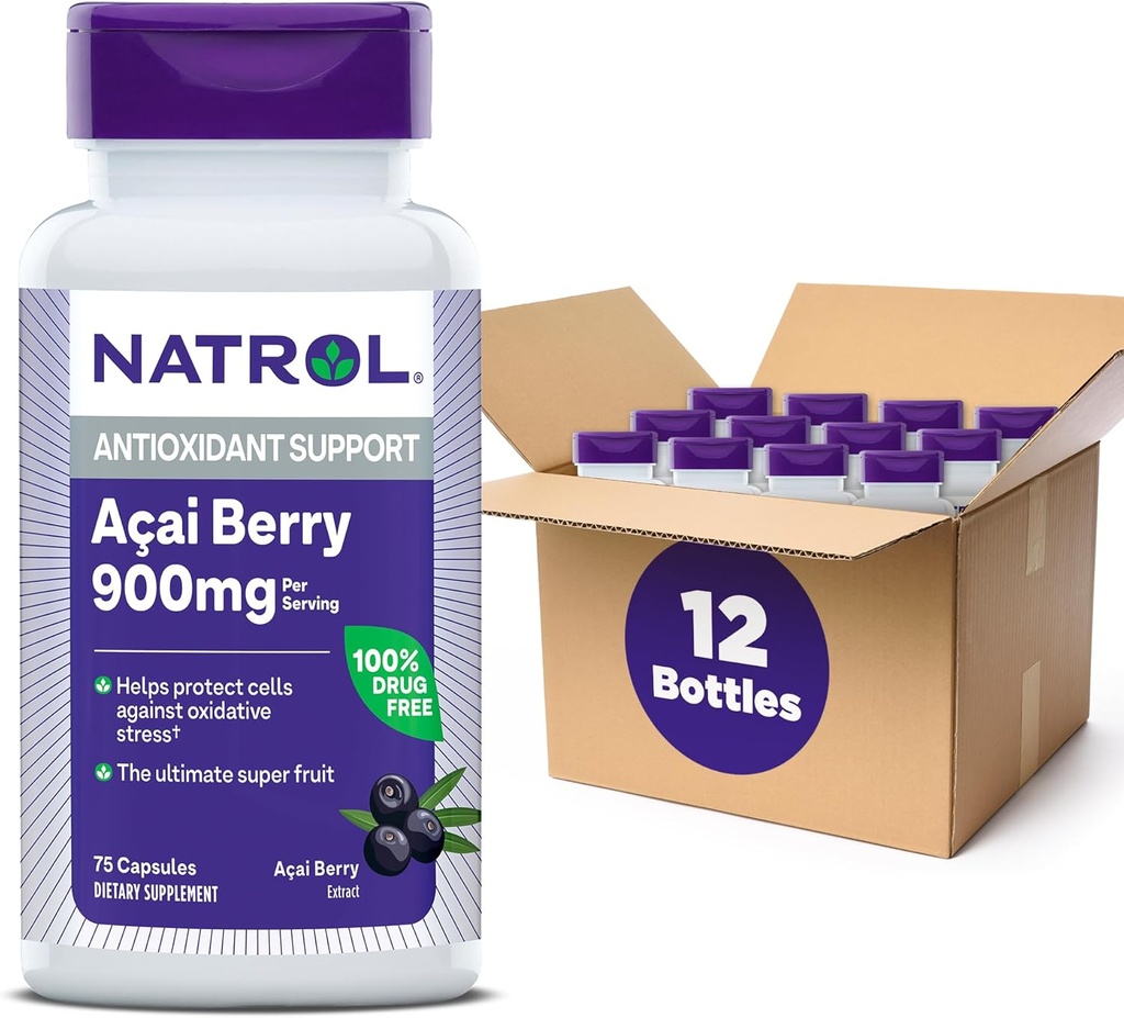 Natrol Acai Berry, dodatek stravy, Antioxidant Protection & Defense, The Ultimate Super Fruit, 900 mg Veggie Kapsle, 75 Počet (balení po 12)