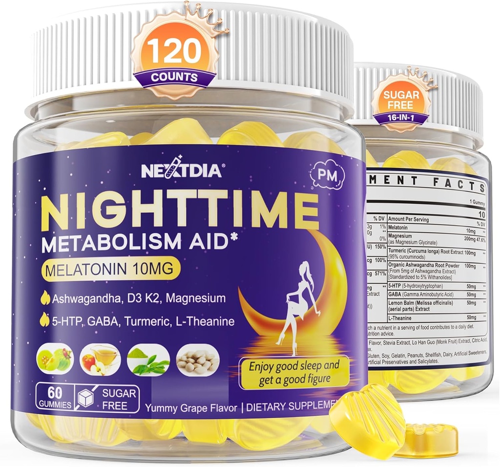 Melatonin 10 mg Gummies, Night Time Metabolismus Gummies pro dospělé, Crush Excess Hoarding While You Rest, Podporovat zdravé Zzzs, s hořčík, Ashwagandha, 5-HTP, GABA, 100% drogy zdarma, cukr zdarma, 2Packs