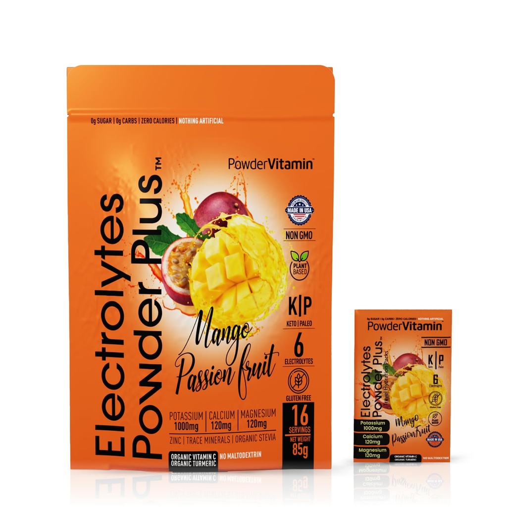 PowderVitamin Electrolytes Powder Plus, Keto, Mango Passionfruit, Sugar Free, Pink Himalayan Salt, 1000mg Draslík, 120mg vápníku, 120mg hořčíku, Non- GMO, Nulové kalorie, (16 Hydratační pakety)