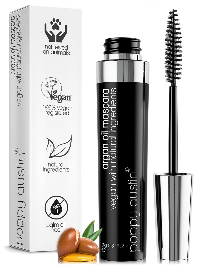 Poppy Austin Organic Mascara, Natural, Vegan, Paraben-Free, Cruelty-Free - Hypoalergenní Mascara Lengthening & Volumizing s Argan Oil - 0.31 Fl Oz (Black)