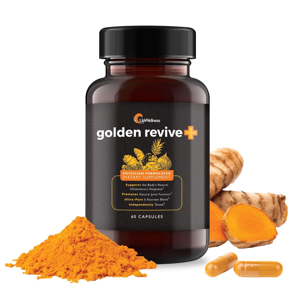 UpWellness Golden Revive + Joint Support Supplement s černým pepřem, Quercetinem a Magnesiem - Turmeric Boswellia Dodatek - 6 Aktivní ingredience pro společnou péči - 60 Kapsle