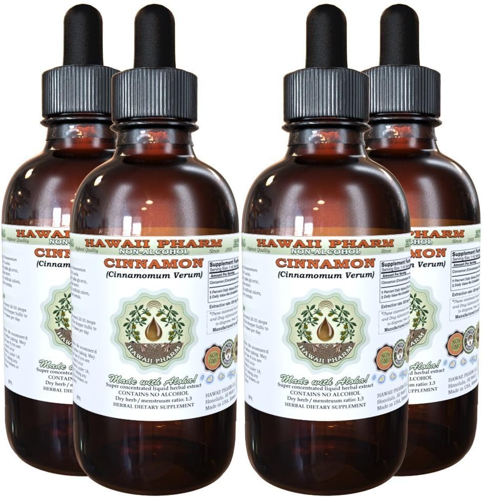 Skořice Alcohol- Free Liquid Extract, Skořice (Cinnamomum Verum) Sušený Bark Glycerite Hawaii Pharm přírodní bylinný doplněk 4x4 oz