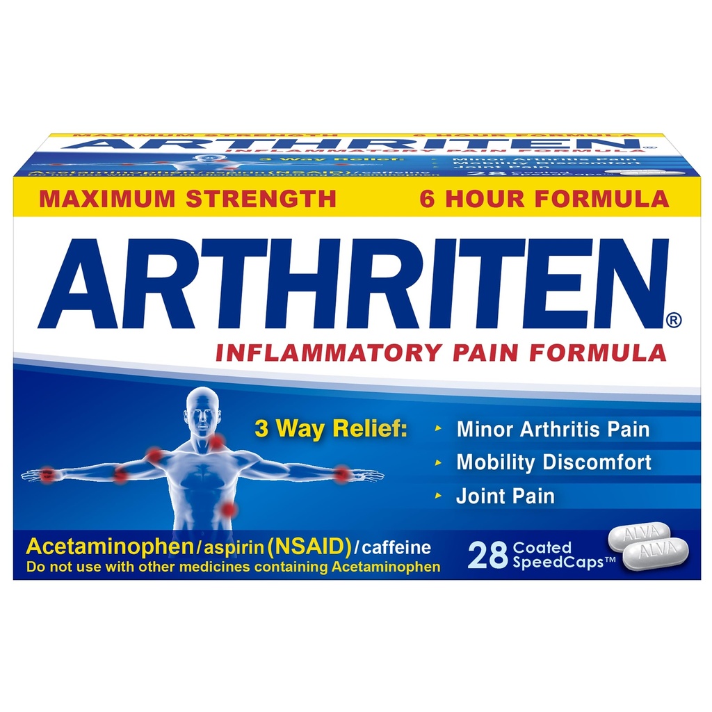 Zánětlivé Pain Formule Kapsle s 3 Aktivními složkami: Aspirin, Acetaminofen & Caffeine, White, 28 Počet (Balení po 1)
