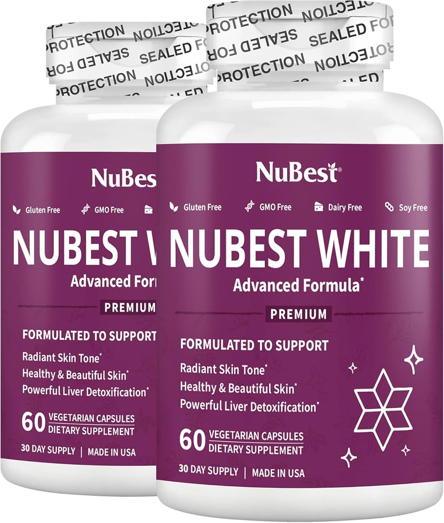 NuBest White - Kožní bělení dodatek, dodatek pro anti stárnutí s Glutathione, vitamin C, E, B2, Mléko Thistle Extract, zelený čaj Extract pro osvětlení a osvětlení 124; Pack 2