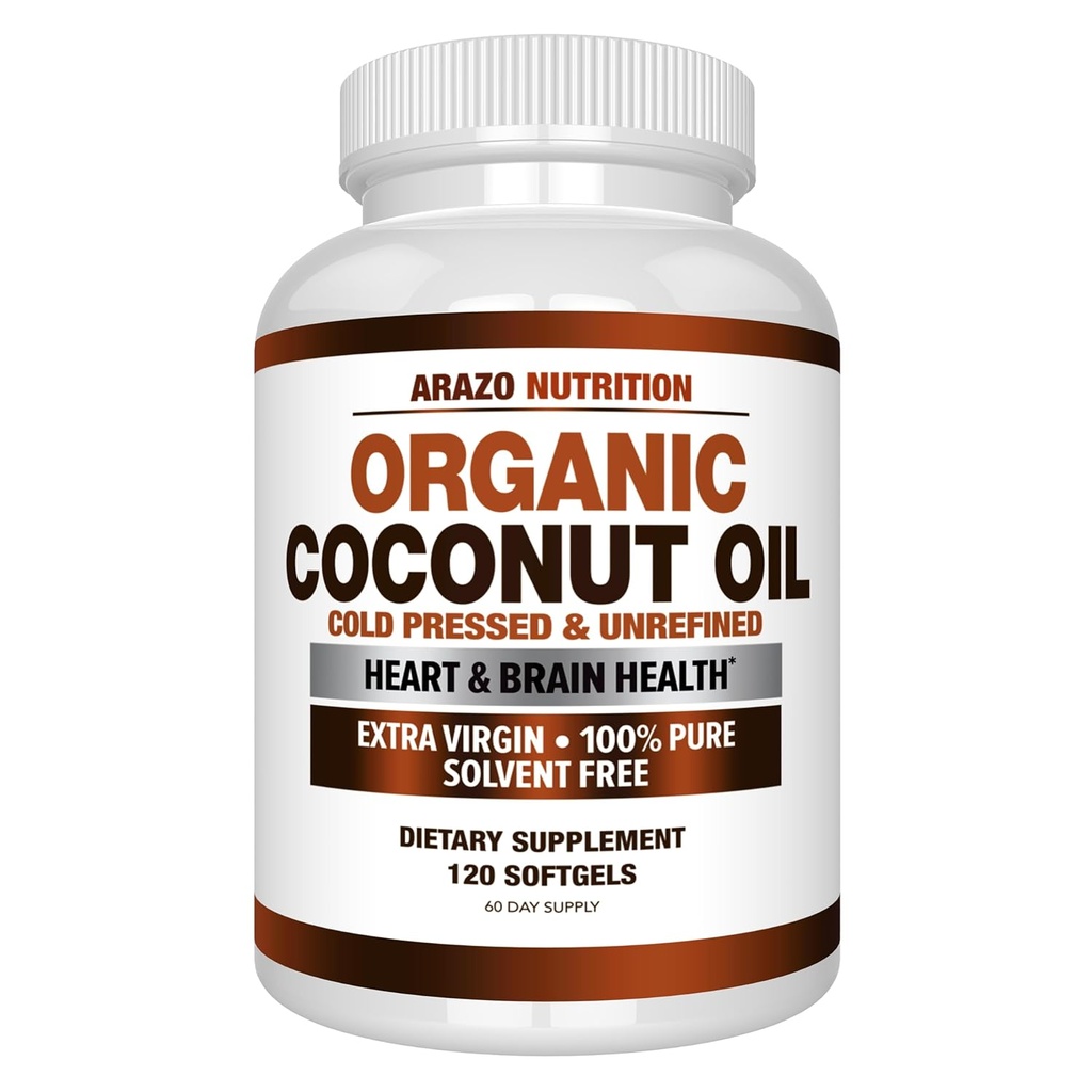 Arazo Nutrition Organic Coconut Oil 2000 MG - 100% extra Panna Nerafinovaná studená tlak pro podporu hmotnosti, kůže, vlasy, nehty - 120 Softgel Kapsle