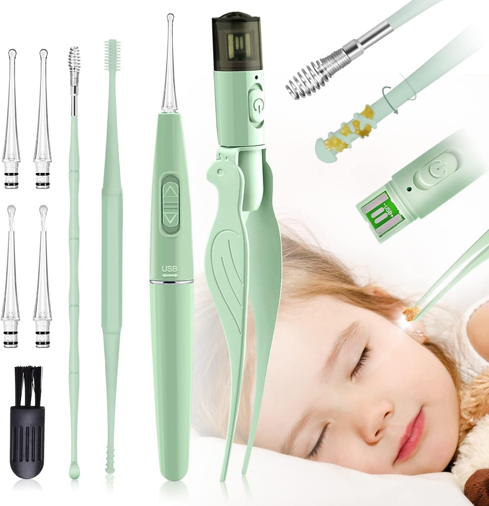 Odstranění uší Nástroje, 9 Pack Ušní čisticí nástroj, Ušní Pick s 2 LED světla, Built- in USB Ušní Wax Remover pro děti a dospělé