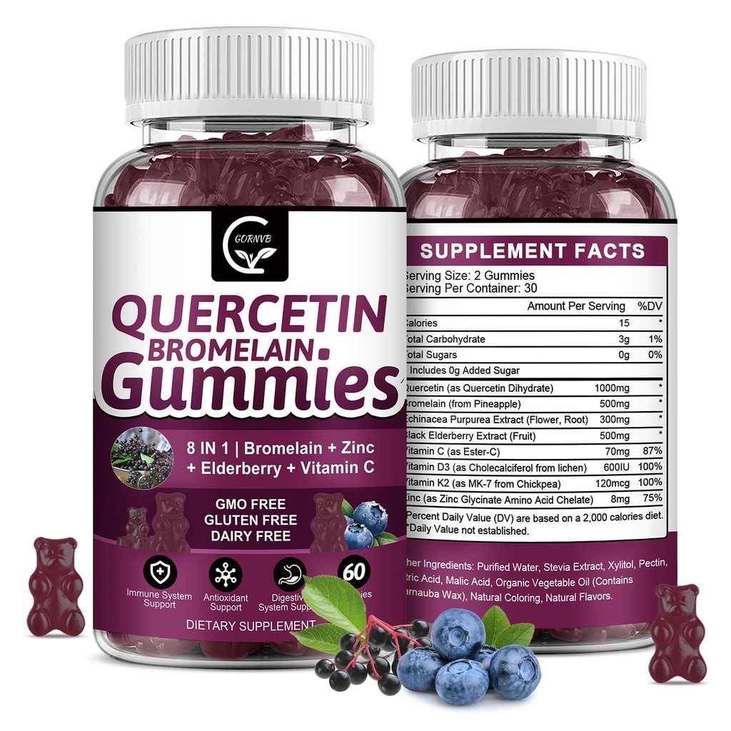 Quercetin Gummies with Bromelain 2378mg - Blend with Elderberry, Echinacea Purpurea Extract, Zinek, Vitamin C, D3, K2, Complex Supports Imunní, Kardiovaskulární & Respirační, Vegan Gummy pro dospělé a děti