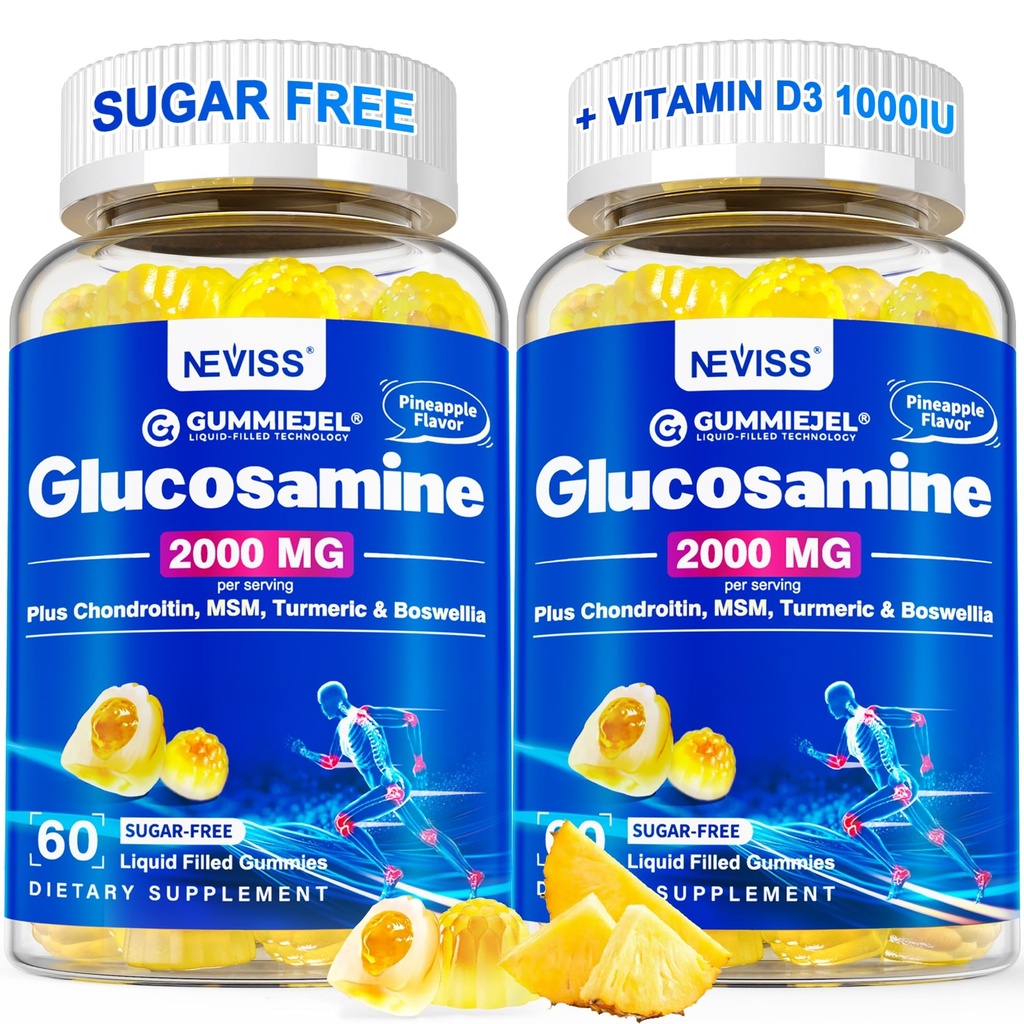Sugar Free Glucosamine plněné gumy - Glucosamine dodatek Plus Chondroitin, MSM, Kurkuma, Boswellia, Hyaluronic acid, Vitamin D3 & Zinek, 120 Gummies, 60 Služeb