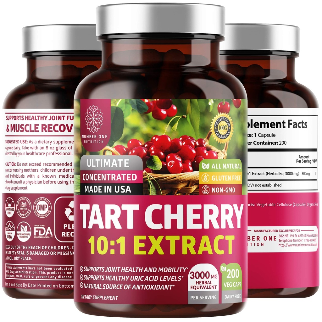 N1N Premium Tart Cherry Extract Capsules, 200 Veg Caps, 3000 mg, Powerful Antioxidant, Joint Health and Mobility, Non- GMO, Gluten Free, 200 Veggie Caps