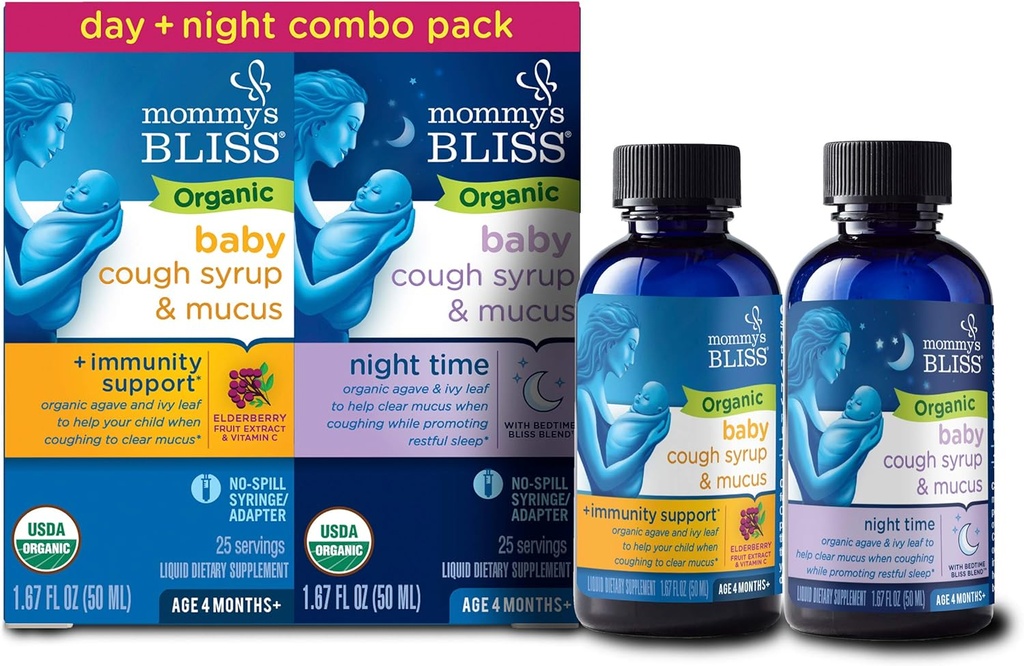 Maminčina Bliss Organic Baby Cough Syrup & Mucus Relief, Day and Night Combo Pack, Obsahuje organické Agave a Ivy Leaf, pro věky 4 měsíce +, 1.67 Fl Oz (balení po 2)