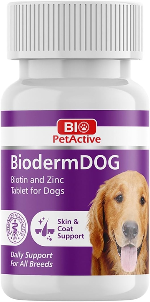 Bio Pet Active BiodermDOG 0.5 Zinek a biotin tablety pro psy, imunitní systém, kůže, plášť a nehty podpora pro psy, 1.32 oz, 75 Žvýkací tablety