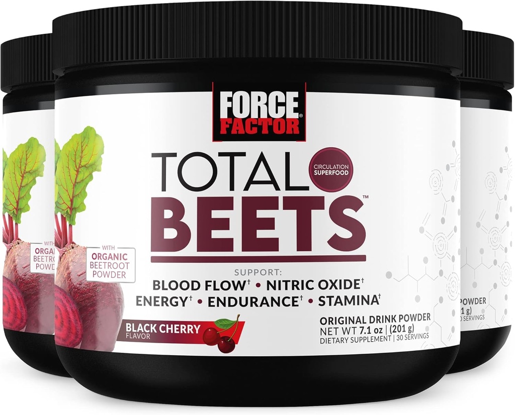 FORCE FACTOR Celkem Beets Superfood Beet Root Powder 3- Pack, dusičnany na podporu cirkulace, krevní tok, oxid dusičný, energie, Endurance, Stamina, Kardiovaskulární srdeční zdraví dodatek, 90 Služebnictví