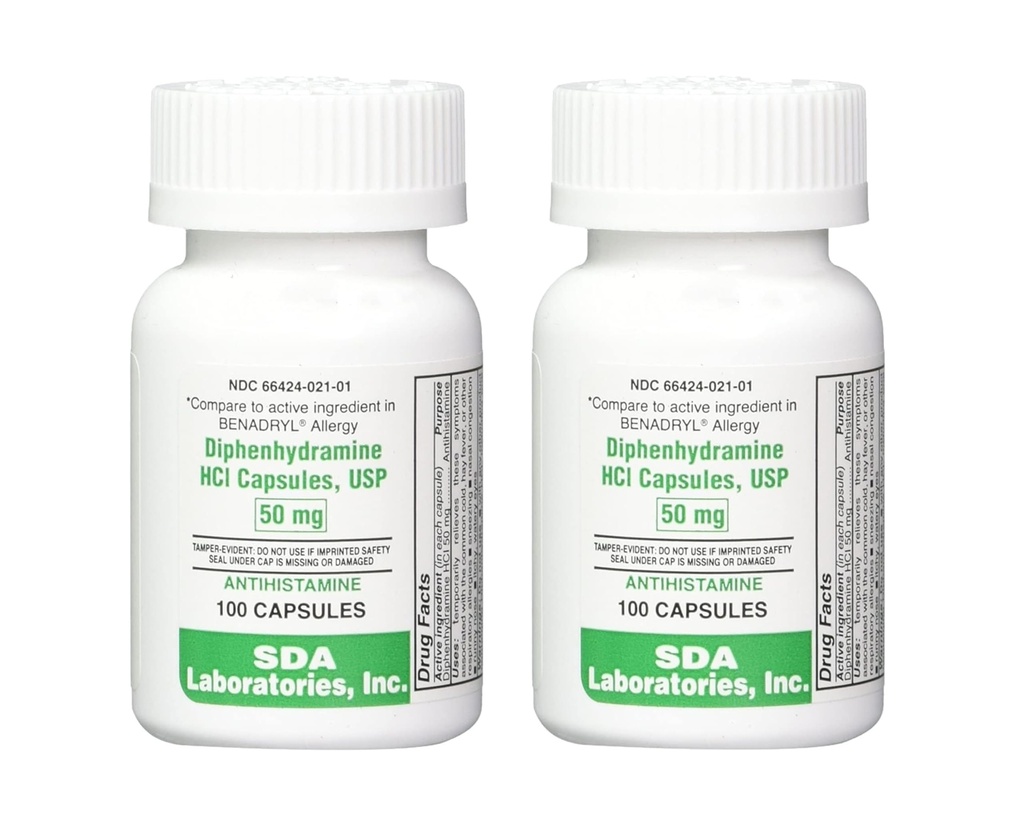 SDA LABORATORIES Difenhydramine 50mg, Alergie Relief, Antihistaminové kapsle, Fast- acting Formule pro močení, Runny Nose & Itchy Eyes - 100 Počet (2 balení)