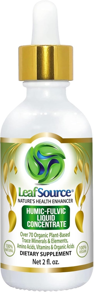 LEAFSOURCE Humic Fulvic Acid Liquid 2oz Stopy Minerály s elektrolyty kolagen Vitamíny Superior Humic to Fulvic Ratio Více Energy Gut Health Joint Health Immunication Support Hydration 180 serv