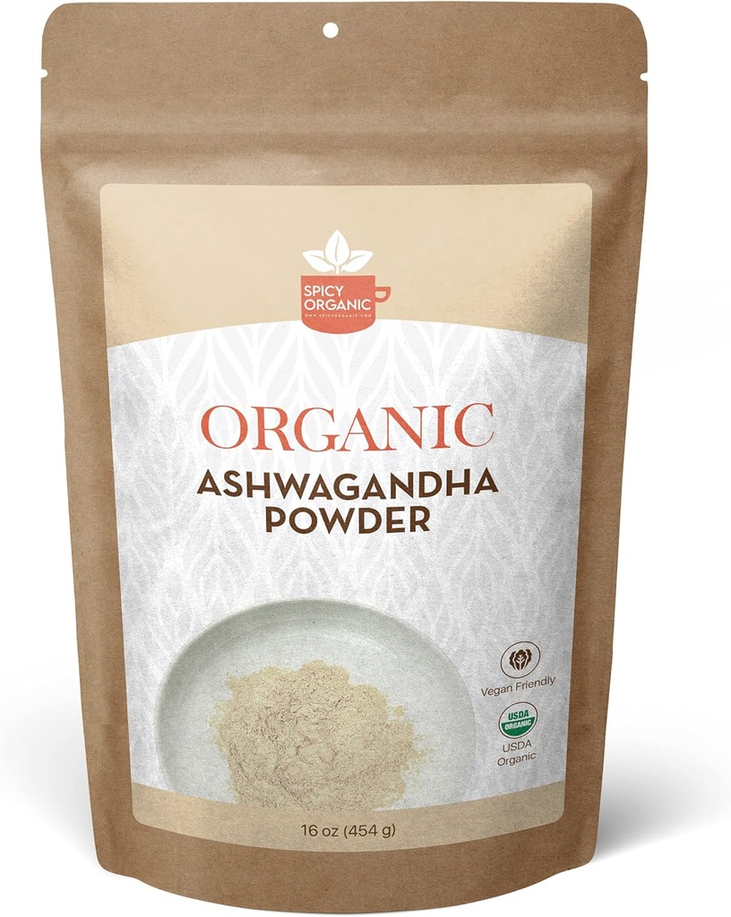 SPICY ORGANIC Organic Ashwagandha Root Powder - 1 LB., Non-GMO, 100% syrové z Indie - Indický ženšen (Witania Somnifera) - Přírodní Stress Podpora, Energie & Imunitary Health