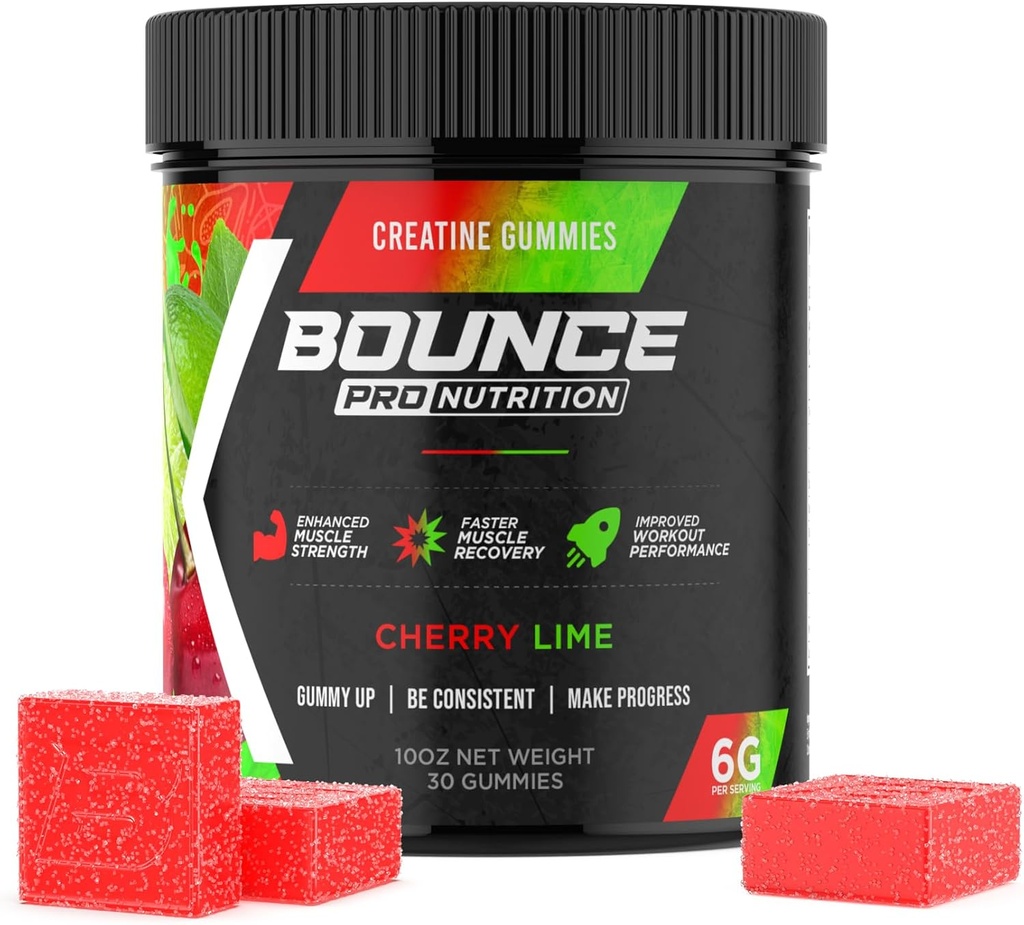 Bounce Pro Creatine Monohydrát Gummie pro muže a ženy, Nízká kalorie, 6G Creatine per Serving, Vegan, Anti- Melting, Gluten- Free, Non- GMO, 2g Creatine per Gummy (30ct, Cherry Lime)