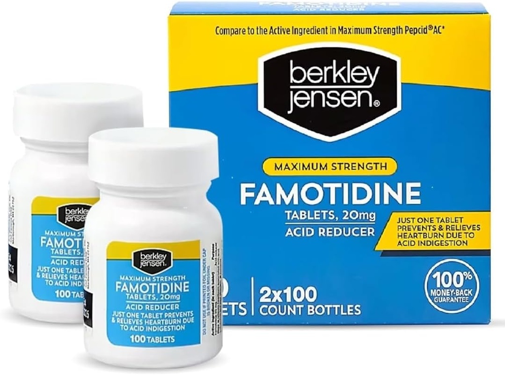 berkley jensen Maximální síla Famotidin 20 mg - (200 Počet), Tablety s redukátorem kyseliny, uvolňuje nahromaděné Heartburn & Acid Požití příznaků, All- Day Heartburn Prevention & Relief